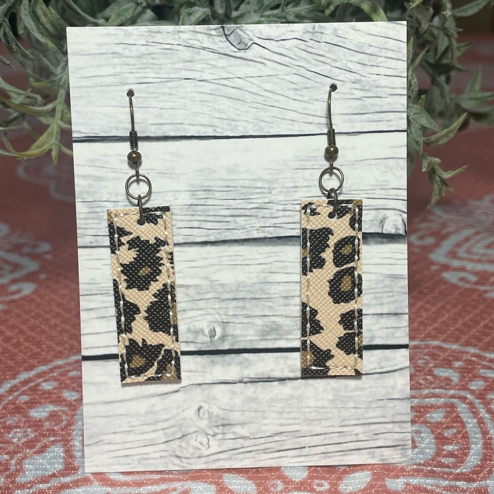 Leopard Stitched Rectangle Dangle Earrings